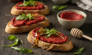 Brödskivor med kryddig, blodröd nduja och ruccola. Honung ringlas över en av skivorna.