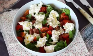 En fräsch sallad med tomater, gröna blad och krämig burrata buffelmozzarella, toppad med olivolja och svartpeppar.