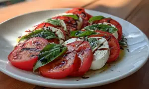 En klassisk caprese med saftiga tomater, krämig mozzarella och färsk basilika, ringlad med balsamico. Ett enkelt och gott caprese recept.
