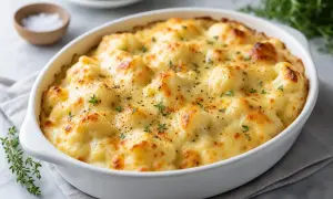 En krämig gratinerad blomkål med gyllene ost och örter, redo att serveras.