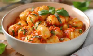 En skål med fluffig gnocchi i en smakrik tomatsås, toppad med färsk basilika. Enkel och god vardagsmat.