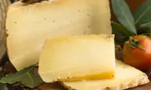 En bit pecorino ost med tomater och gröna blad.
