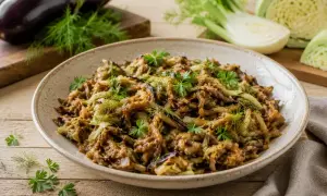 En skål med mustig pulled aubergine, toppad med färska örter och fänkål. En härlig vegetarisk rätt.