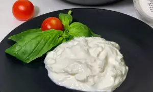 En krämig hög av stracciatella ost på en svart tallrik, dekorerad med färsk basilika och körsbärstomater.