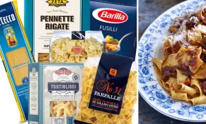 Olika pastasorter som spaghetti, pennette rigate, fusilli, tortiglioni och farfalle. En tallrik med färdiglagad pasta med köttfärssås syns också.