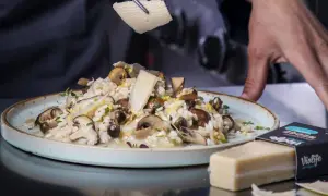 Krämig risotto svamp toppas med hyvlad ost. En vegansk ostbit ligger bredvid.