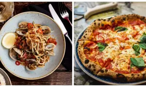 En tallrik spaghetti med musslor och en klassisk italiensk pizza med basilika.