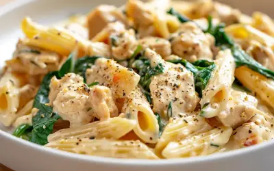 Krämig penne pasta med kyckling och spenat, toppad med svartpeppar. En härlig middag som ser utsökt ut.