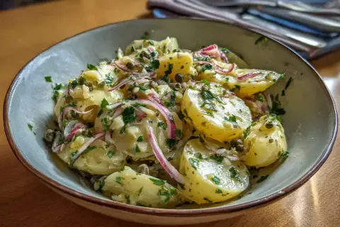 En härlig italiensk potatissallad med kapris, rödlök och färsk persilja i en krämig dressing. Perfekt till sommarmiddagen.
