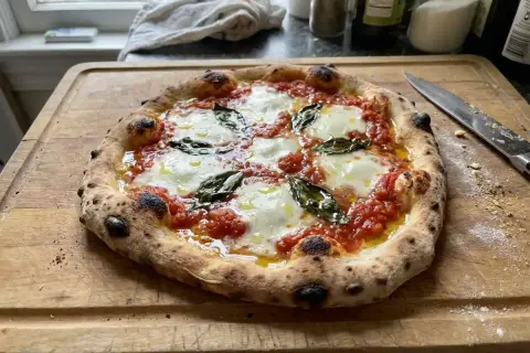 En perfekt napolitansk pizza med bubblig kant, smält mozzarella och färsk basilika på en träskärbräda.
