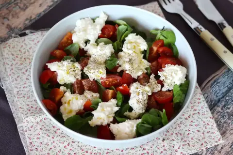 En fräsch sallad med tomater, gröna blad och krämig burrata buffelmozzarella, toppad med olivolja och svartpeppar.