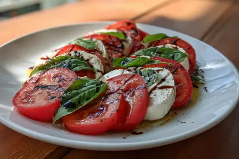 En klassisk caprese med saftiga tomater, krämig mozzarella och färsk basilika, ringlad med balsamico. Ett enkelt och gott caprese recept.