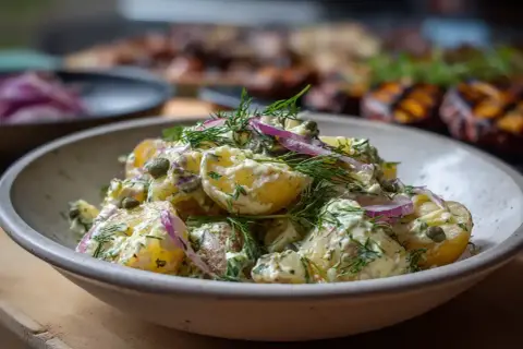 En krämig potatissallad med kapris, dill och rödlök, perfekt till grillat.