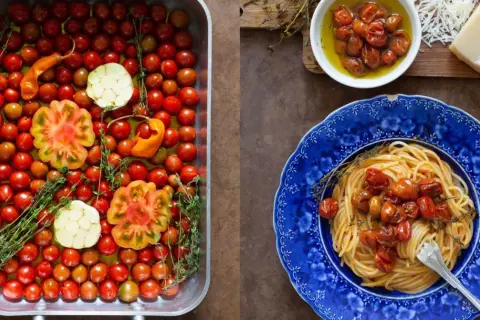 En ugnsform fylld med körsbärstomater, vitlök och örter. Bredvid en blå tallrik med spaghetti och **confiterade tomater**.
