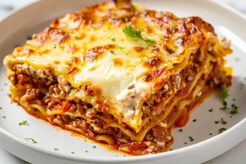 En saftig bit lasagne med köttfärssås och ost, perfekt för ett mysigt middagsrecept.