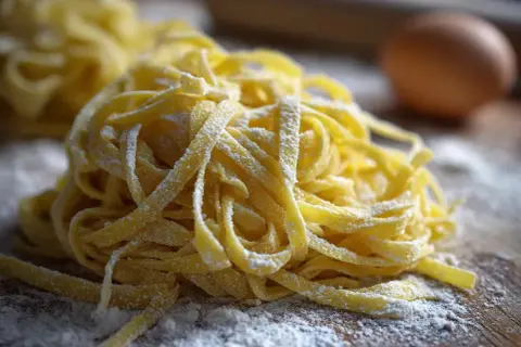 Nystekta, egengjord pasta på ett mjölat träbord. Ett ägg syns i bakgrunden, redo att bli en del av den hemlagade magin.