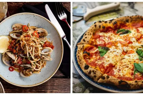 En tallrik spaghetti med musslor och en klassisk italiensk pizza med basilika.