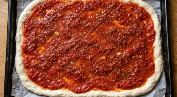 En obakad pizza med en generös mängd tomatsås och kryddor, redo att bakas.