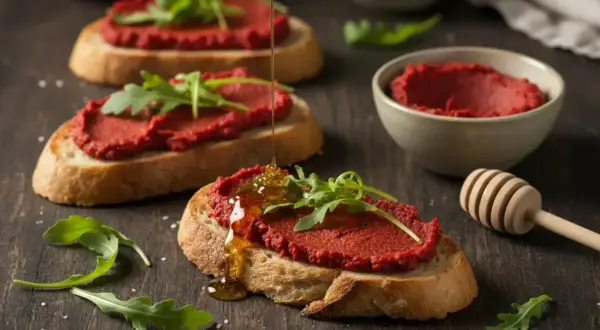 Brödskivor med kryddig, blodröd nduja och ruccola. Honung ringlas över en av skivorna.