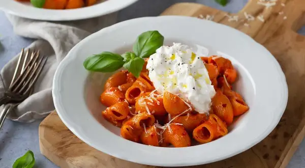 Nduja pasta med krämig burrata, toppad med basilika och olivolja. En härlig italiensk rätt.
