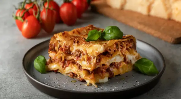 En bit italiensk lasagne med köttfärssås och ost, garnerad med basilika. Tomater och parmesanost i bakgrunden.