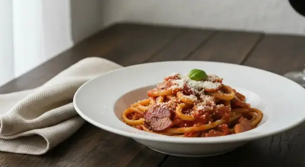 En tallrik med pasta amatriciana, toppad med riven ost och en basilika. En servett ligger bredvid.