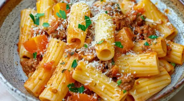 En skål med rigatoni pasta med en mustig salsiccia-sås, toppad med riven parmesan och färsk persilja.