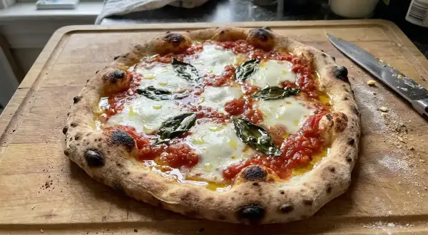 En perfekt napolitansk pizza med bubblig kant, smält mozzarella och färsk basilika på en träskärbräda.