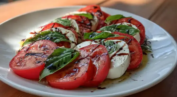 En klassisk caprese med saftiga tomater, krämig mozzarella och färsk basilika, ringlad med balsamico. Ett enkelt och gott caprese recept.
