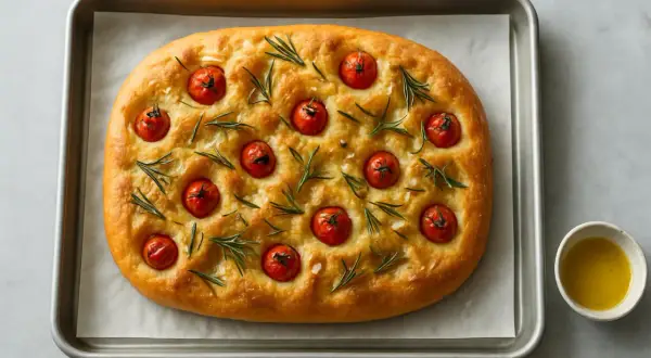 En gyllene focaccia med körsbärstomater och rosmarin på en plåt. Perfekt för ditt nästa focaccia recept.