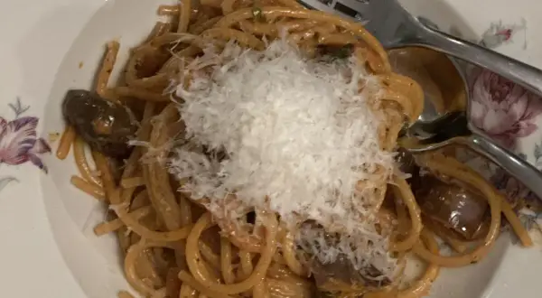 En tallrik spaghetti med aubergine och rikligt med riven ost. En smak av siciliansk mat som ser utsökt ut.