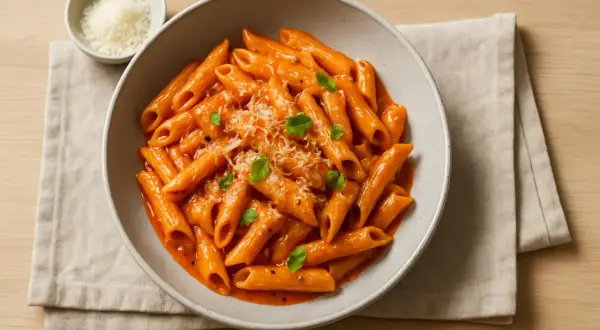 En skål med krämig vodka pasta, toppad med riven parmesan och färska örter. En klassiker som alltid går hem.