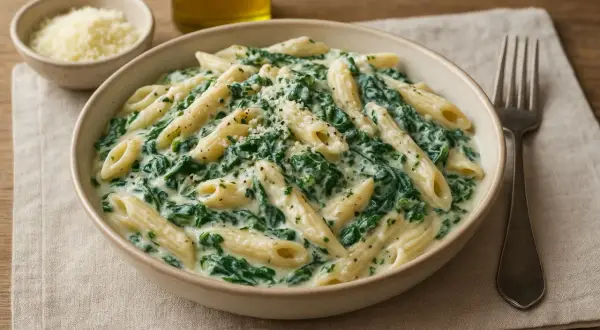 En skål med krämig vegetarisk pasta med spenat och penne, toppad med riven ost.