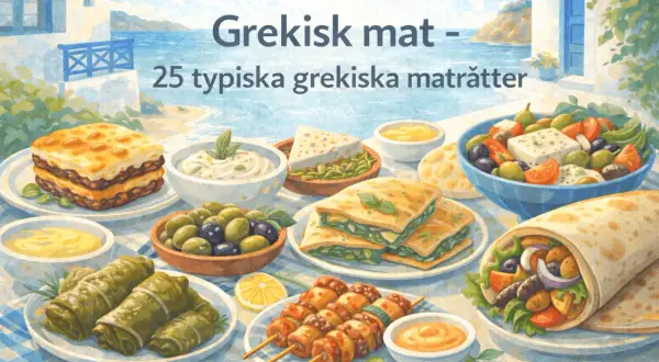 En festlig dukning med grekisk mat: moussaka, tzatziki, oliver, dolmades, gyros och grekisk sallad.