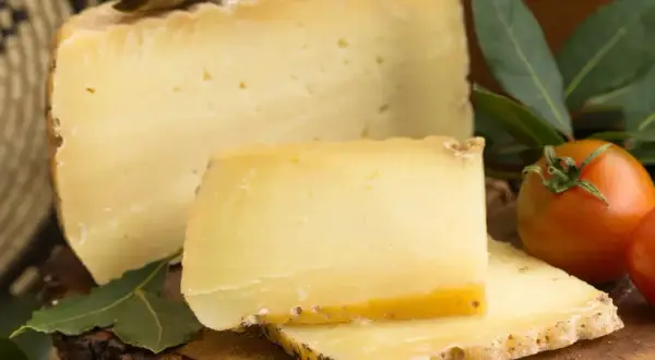 En bit pecorino ost med tomater och gröna blad.