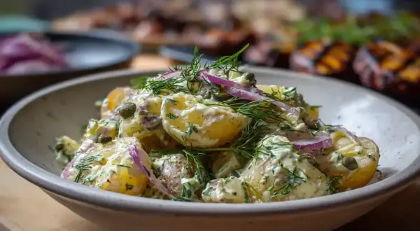 En krämig potatissallad med kapris, dill och rödlök, perfekt till grillat.