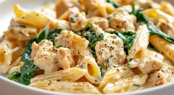 Krämig penne pasta med kyckling och spenat, toppad med svartpeppar. En härlig middag som ser utsökt ut.