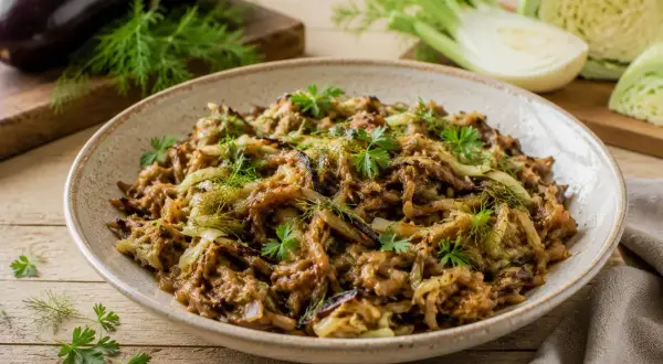 En skål med mustig pulled aubergine, toppad med färska örter och fänkål. En härlig vegetarisk rätt.