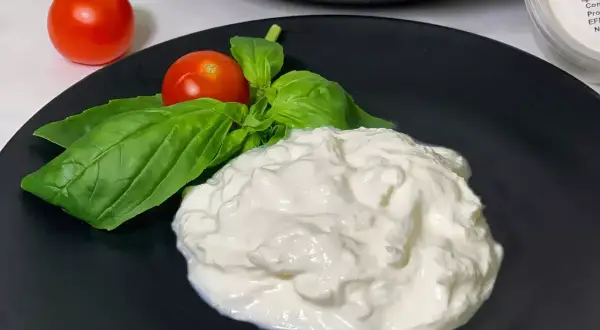 En krämig hög av stracciatella ost på en svart tallrik, dekorerad med färsk basilika och körsbärstomater.