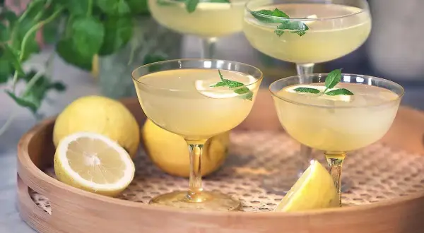 Fyra glas med gyllene limoncello, garnerade med citron och mynta. Perfekt för att lära sig hur dricker man limoncello en varm sommardag.