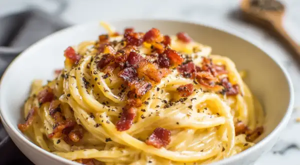 En skål med krämig pasta alla gricia, toppad med krispigt bacon och nymalen svartpeppar.