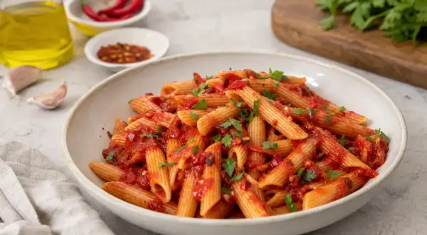 En skål med penne pasta all'arrabbiata, toppad med persilja. Runtom syns chili, vitlök och olivolja.