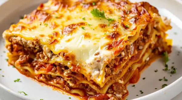 En saftig bit lasagne med köttfärssås och ost, perfekt för ett mysigt middagsrecept.