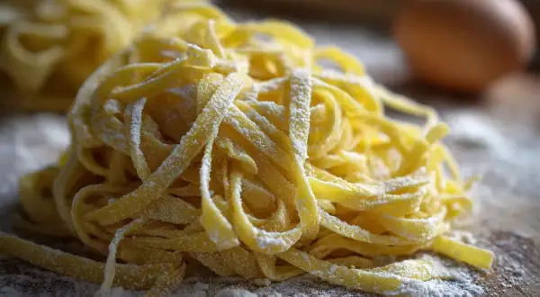 Nystekta, egengjord pasta på ett mjölat träbord. Ett ägg syns i bakgrunden, redo att bli en del av den hemlagade magin.