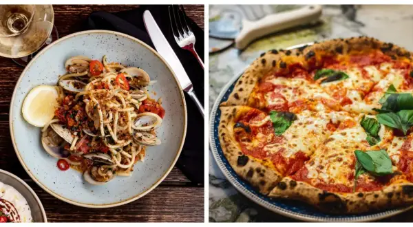 En tallrik spaghetti med musslor och en klassisk italiensk pizza med basilika.
