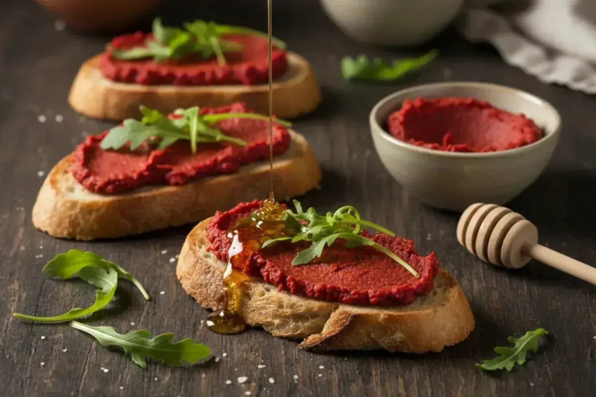 Brödskivor med kryddig, blodröd nduja och ruccola. Honung ringlas över en av skivorna.