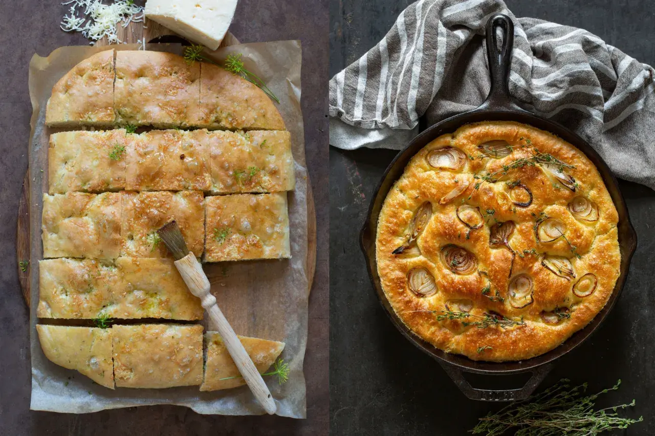 Två fluffiga focaccia, en med ost och örter, den andra med lök och timjan. Perfekt för fika eller middag.