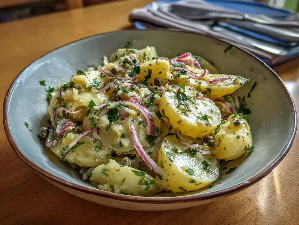 En härlig italiensk potatissallad med kapris, rödlök och färsk persilja i en krämig dressing. Perfekt till sommarmiddagen.