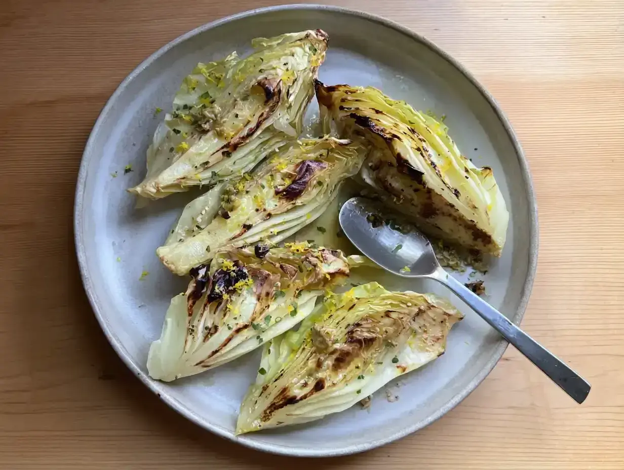 Ugnsbakad spetskål med citron och örter på en tallrik. En sked ligger bredvid.