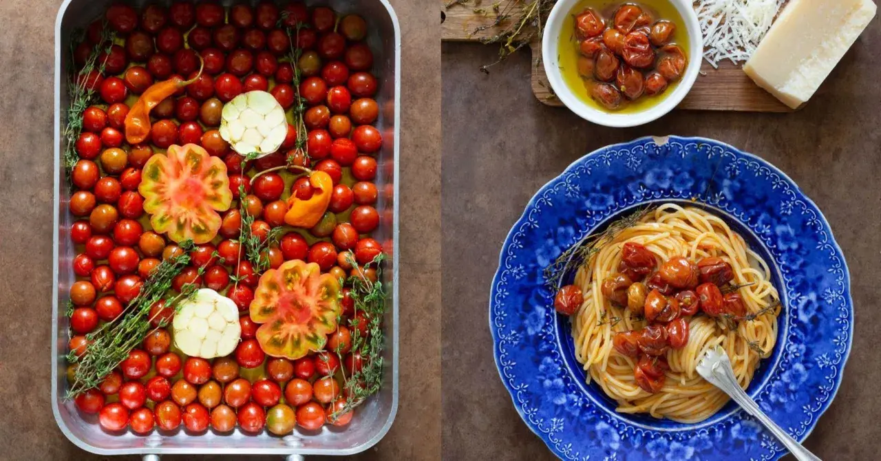En ugnsform fylld med körsbärstomater, vitlök och örter. Bredvid en blå tallrik med spaghetti och **confiterade tomater**.